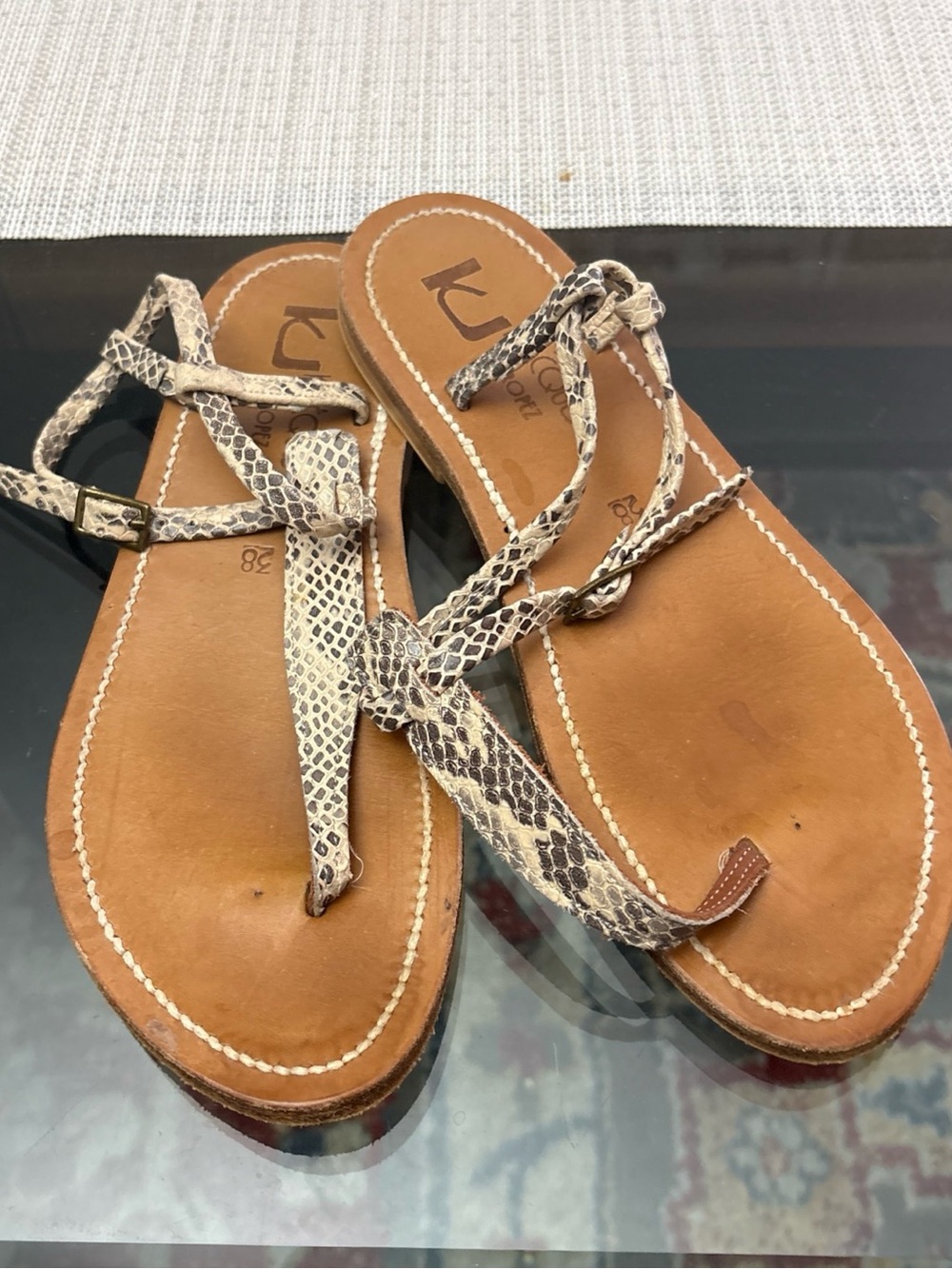 K.Jacques Beige Snake-Print Leather Strap Sandals, size 38/8